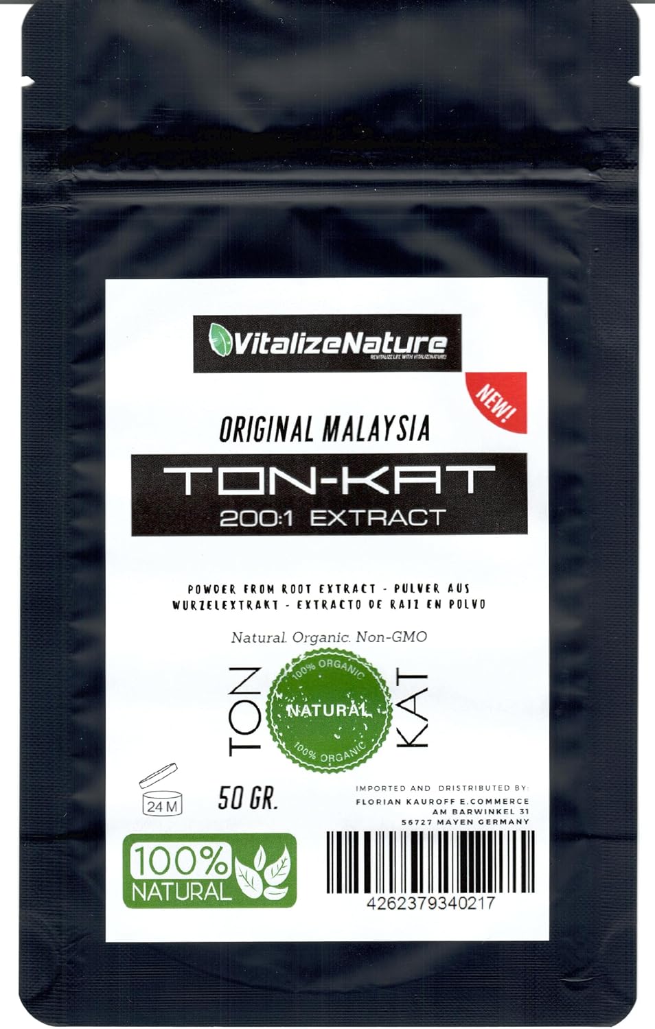 VitalizeNature - TON-Kat - Extracto de raíz 200:1 extracto en polvo - Original de Malasia - 100% natural + probado en laboratorio - Garantía de calidad alemana | Garantía de satisfacción | 50 g