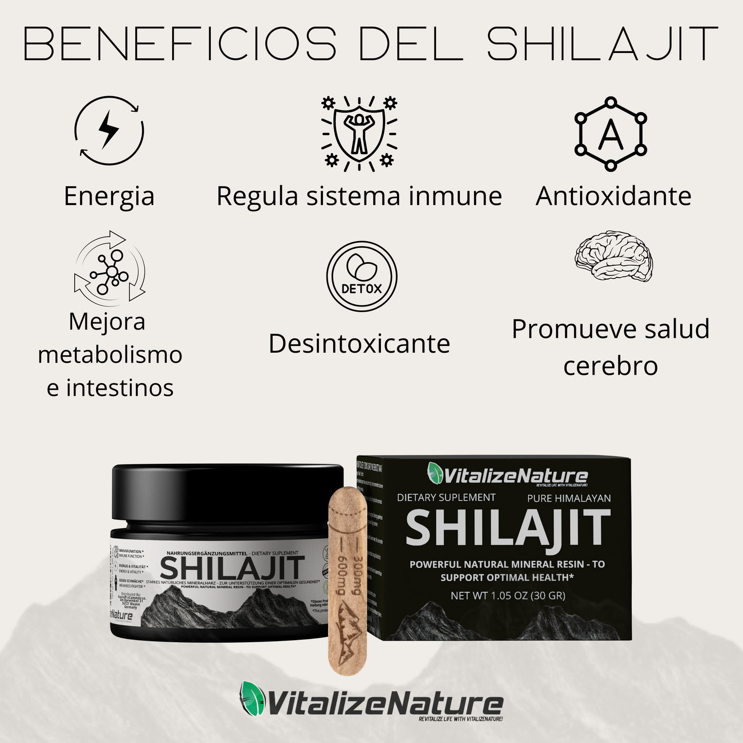 VitalizeNature - Shilajit originale 30 g + Ashwagandha - Shilajit himalayano purificato ad alta potenza con minerali fulvici biodisponibili e acido umico - Vegano, ricostituisce energia