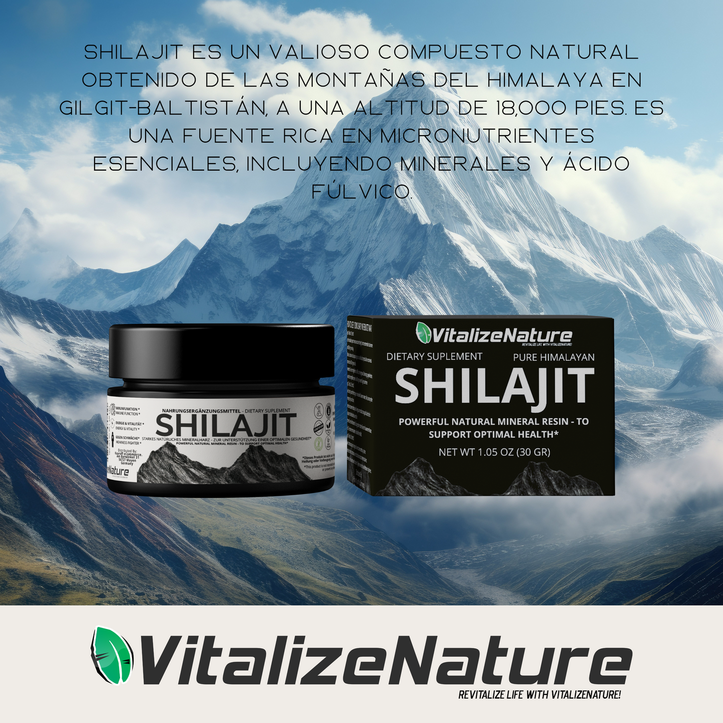 VitalizeNature - Shilajit Original  30 g + Ashwagandha - Shilajit del Himalaya purificada de alta potencia con minerales fulvicos biodisponibles y acido húmico - Vegano, repone la energía