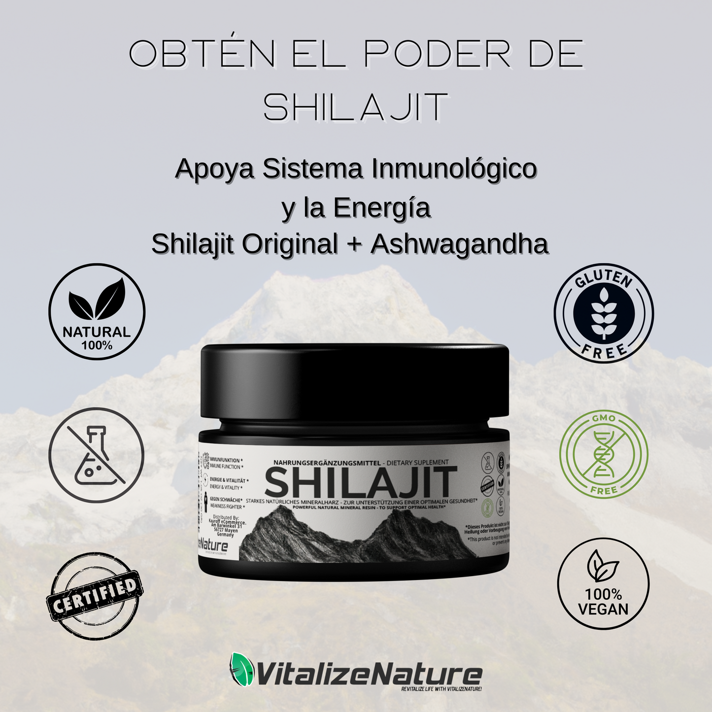 VitalizeNature - Shilajit Original  30 g + Ashwagandha - Shilajit del Himalaya purificada de alta potencia con minerales fulvicos biodisponibles y acido húmico - Vegano, repone la energía