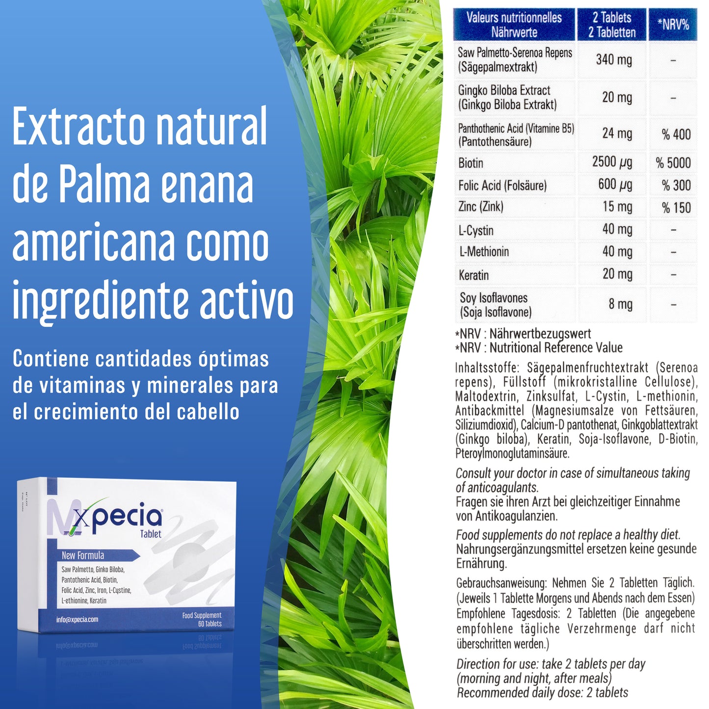 Xpecia Tablet hombre vitaminas para alopecia androgénica, Bloquea DHT, con Saw palmetto, Biotina, 60 comprimidos