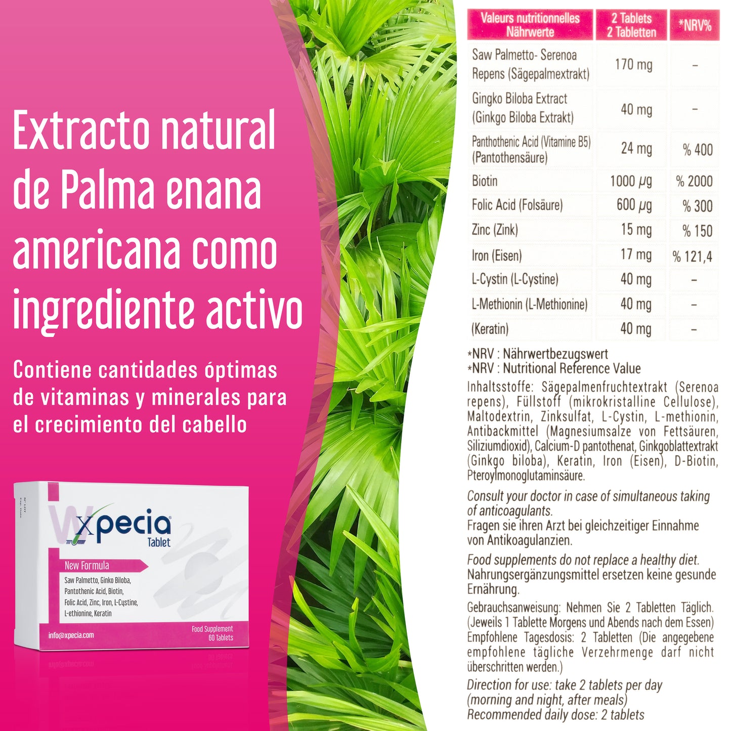 Xpecia Tablet per donne vitamine per l'alopecia, DHT Blocker, vitamine e minerali necessari per la salute dei capelli e della pelle