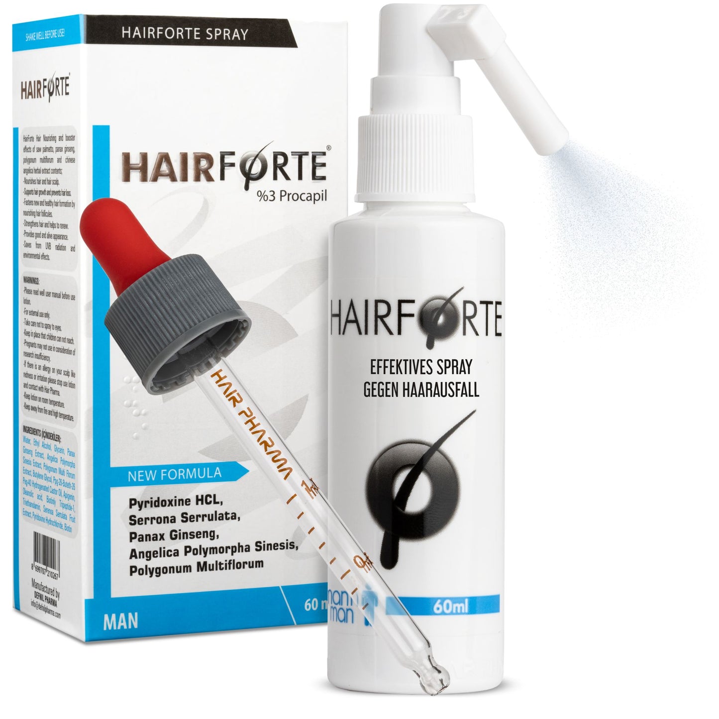 Spray Hairforte per uomo 3% Procapil contro la caduta dei capelli DHT Blocker