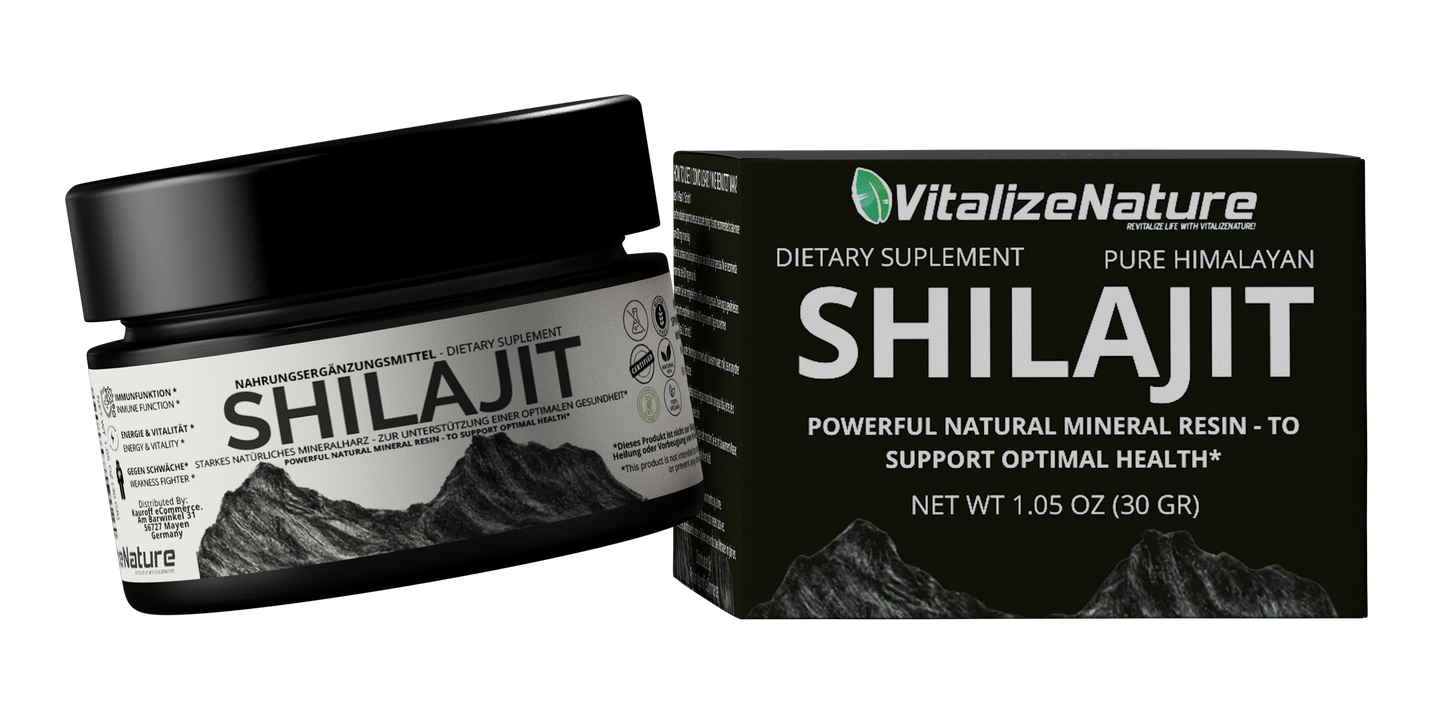 VitalizeNature - Shilajit Original  30 g + Ashwagandha - Shilajit del Himalaya purificada de alta potencia con minerales fulvicos biodisponibles y acido húmico - Vegano, repone la energía