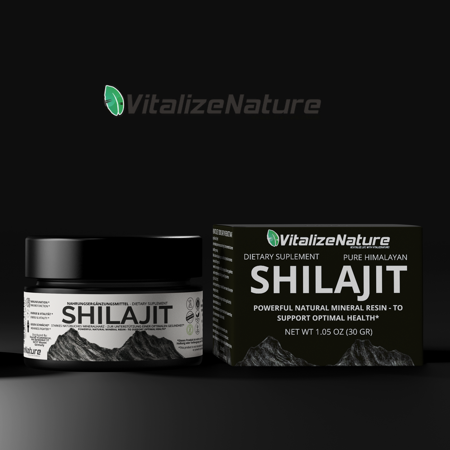 VitalizeNature - Shilajit Original  30 g + Ashwagandha - Shilajit del Himalaya purificada de alta potencia con minerales fulvicos biodisponibles y acido húmico - Vegano, repone la energía