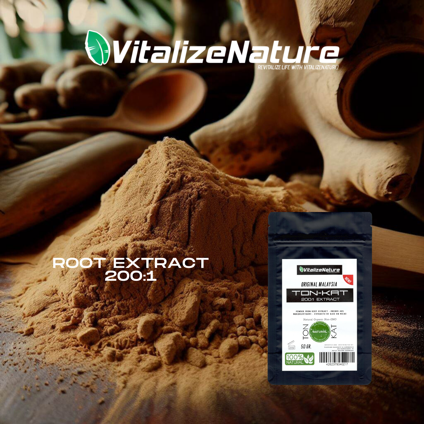 VitalizeNature - TON-Kat - Estratto di radice in polvere 200:1 - Originale dalla Malesia - 100% naturale + testato in laboratorio - Garanzia di qualità tedesca | Garanzia di soddisfazione | 50 g