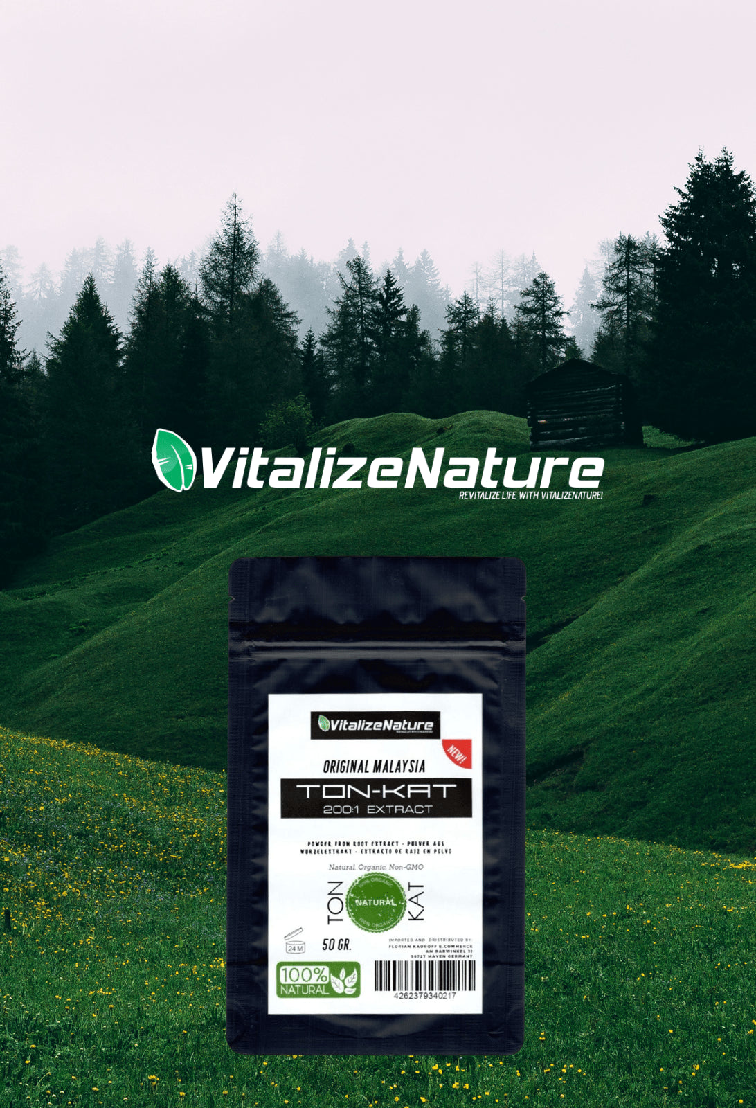 VitalizeNature - TON-Kat - Extracto de raíz 200:1 extracto en polvo - Original de Malasia - 100% natural + probado en laboratorio - Garantía de calidad alemana | Garantía de satisfacción | 50 g